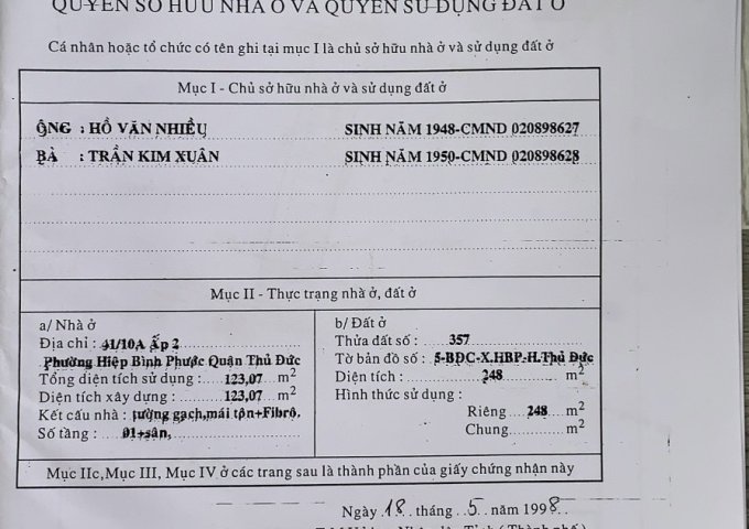 GẤP! GẤP! CẦN BÁN NHANH NHÀ 1 TRỆT, 1 LẦU, 1 LỬNG ĐƯỜNG 19 HIỆP BÌNH PHƯỚC - THỦ ĐỨC 248M2. LHCC: 0938204923