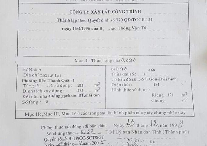 CHO THUÊ TOÀ NHÀ 202 LÊ LAI – P. BẾN THÀNH – QUẬN 1 - 0933644449