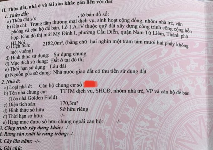 BÁN GẤP CĂN DUPLEX 170.3M2 CHUNG CƯ GOLDEN FIELD MĨ ĐÌNH .GIÁ ƯU ĐÃI SỔ ĐỎ VÀ PHÁP LÍ ĐẦY ĐỦ