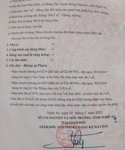 Bán đất tại Đường Tỉnh lộ 542E, Hưng Nguyên, Nghệ An diện tích 264.7m2