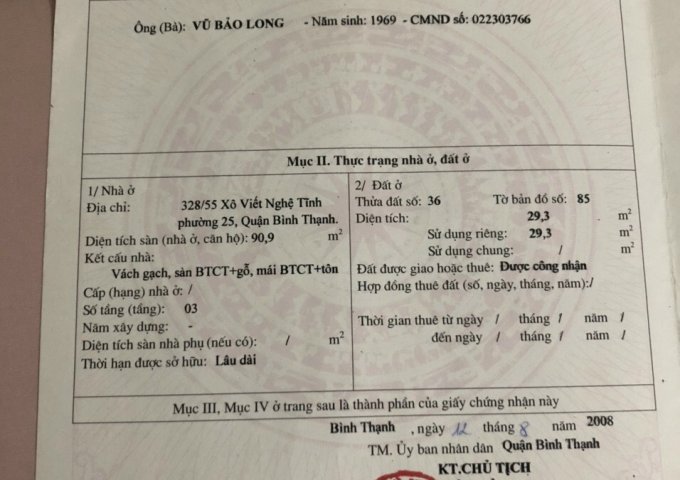 CẦN BÁN NHÀ QUẬN BÌNH THẠNH
