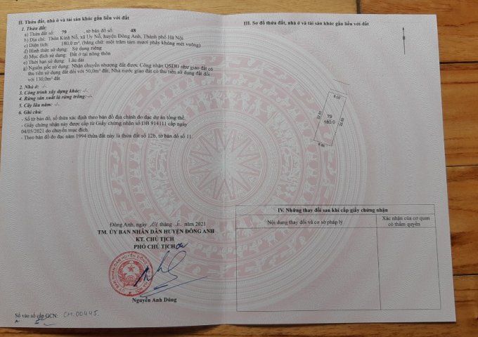 CHÍNH CHỦ CẦN BÁN LÔ ĐẤT TẠI KÍNH NỖ - UY - NỖ - ĐÔNG ANH – TP HÀ NỘI. LIÊN HỆ: 0936362879