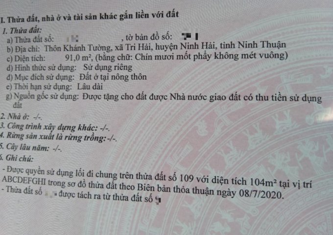 CHÍNH CHỦ BÁN 2 LÔ ĐẤT LIỀN KỀ TẠI THÔN KHÁNH TƯỜNG, XÃ TRI HẢI, HUYỆN NINH HẢI, TỈNH NINH THUẬN