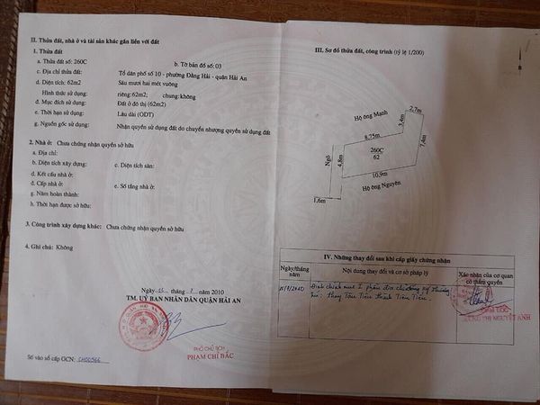 BÁN ĐẤT ngõ 99 Tiền Phong - Đằng Hải - Hải An - Dt: 62m2. Ngang 4.8m. Ngõ rộng 2m - Hướng: Tây ghé Nam - Giá: 19 triệu/ 1m. Thoả thuận  