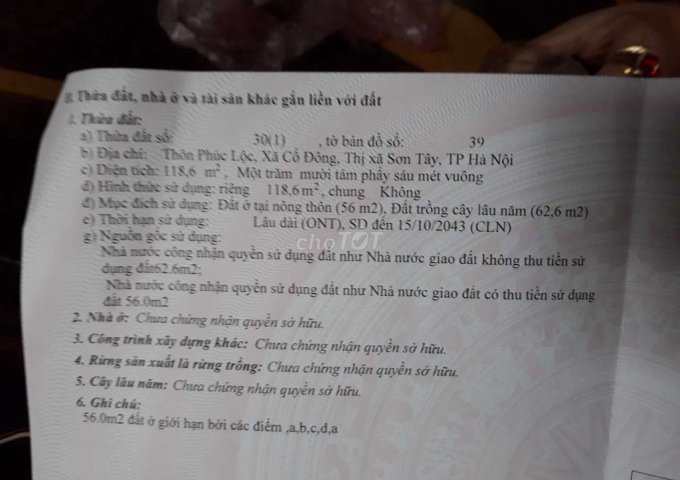Chính chủ cần chuyển nhượng lô đất thổ cư tại Cổ Đông-Sơn Tây- Hà Nội