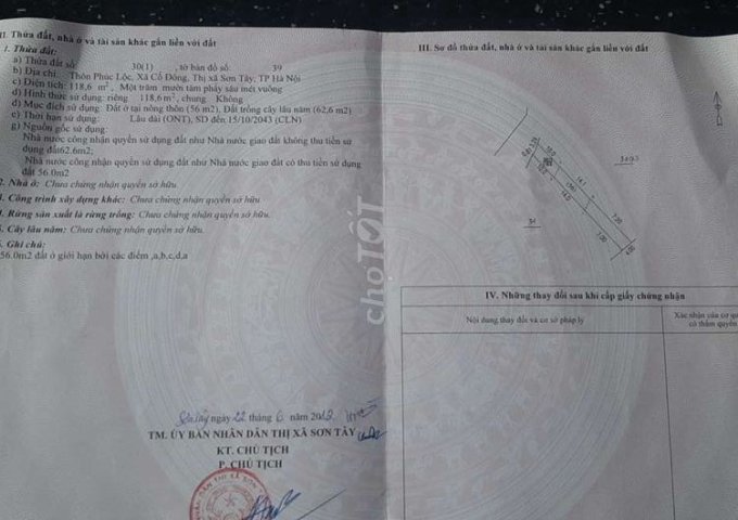 Chính chủ cần chuyển nhượng lô đất thổ cư tại Cổ Đông-Sơn Tây- Hà Nội