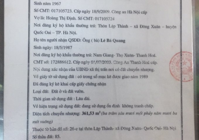 Chính chủ cần chuyển nhượng lô đất thổ cư Lập Thành- Đông Xuân- Quốc Oai- Hà Nội