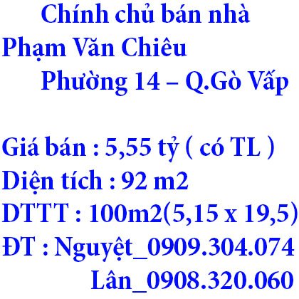 Chính chủ cần bán căn nhà Đường Phạm Văn Chiêu – Phường 14 – TP HCM