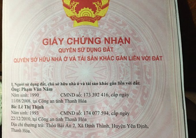 Chính chủ cần bán lô đất tại Thôn Tường Vân, Xã Định Thành, Huyện Yên Định, Thanh Hóa