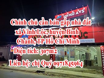 Chính chủ cần bán gấp nhà đất xã Vĩnh Lộc, huyện Bình Chánh, TP Hồ Chí Minh