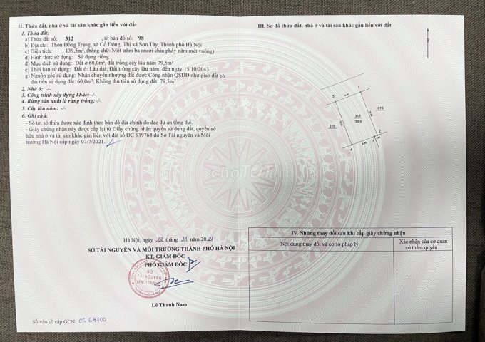 Chính chủ cần bán đất sổ đỏ 139,5m(9x15,5), Đồng Trạng, Xã Cổ Đông, Thị xã Sơn Tây, Hà Nội