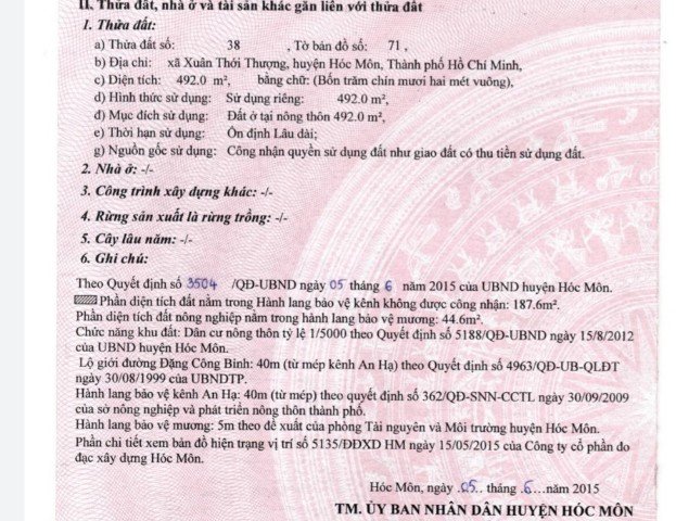 Bán gấp lô đất xã Xuân Thới Thượng,Huyện Hóc Môn, 492m2 9,6 x 53m full thổ cư.