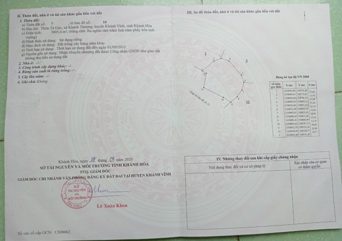 CHÍNH CHỦ CẦN BÁN LÔ ĐẤT TẠI THÔN TÀ GỘC, KHÁNH THƯỢNG, KHÁNH VĨNH, KHÁNH HÒA