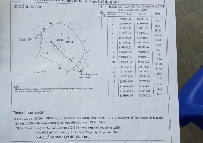CHÍNH CHỦ CẦN BÁN LÔ ĐẤT TẠI THÔN TÀ GỘC, KHÁNH THƯỢNG, KHÁNH VĨNH, KHÁNH HÒA