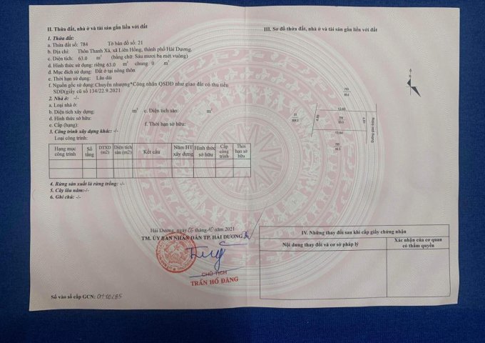 CHÍNH CHỦ CẦN RA ĐI LÔ ĐẤT TẠI XÃ LIÊN HỒNG, TP. HẢI DƯƠNG