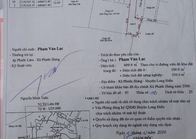 Bán đất tại Xã Phước Hưng, Long Điền,  Bà Rịa Vũng Tàu diện tích 609.9m2  giá 4 Tỷ