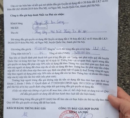 Chính chủ cần bán đất đấu giá Xã Ngọc Mỹ, Huyện Quốc Oai, Hà Nội