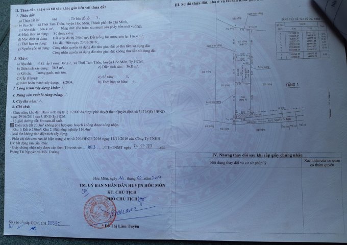 Cần Bán đất Xã Thới Tam Thôn Huyện Hóc Môn TP HCM- Diện tích : 366 m2