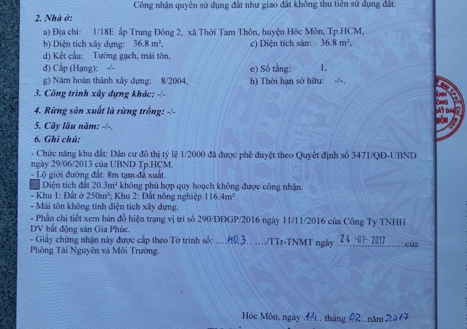 Cần Bán đất Xã Thới Tam Thôn Huyện Hóc Môn TP HCM- Diện tích : 366 m2