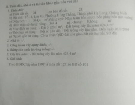 CHÍNH CHỦ cần bán gấp đất tại Tổ 14, Khu 4B, Phường Hùng Thắng, TP Hạ Long, Quảng Ninh.
