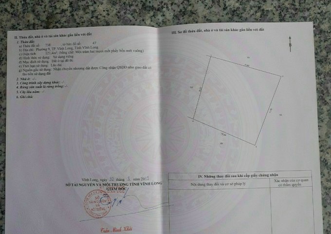 Bán đất 121,4 m2 tại Phường 9, Thành Phố Vĩnh Long