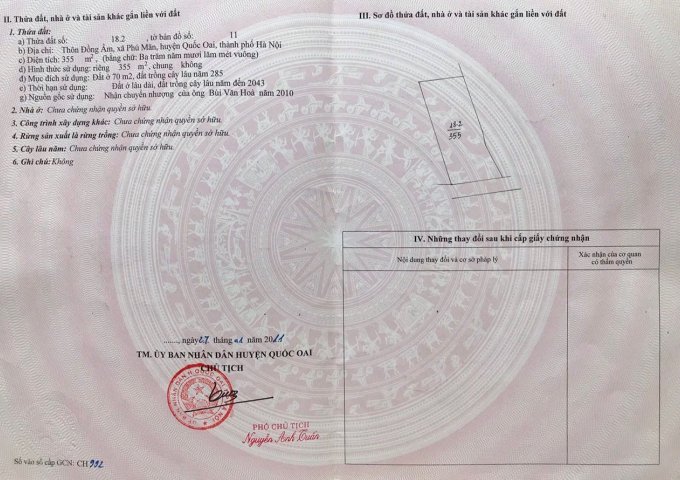 Chính chủ cần bán đất Thôn Đồng Âm Xã Phú Mãn Huyện Quốc Oai Hà Nội