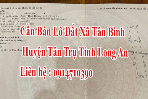 Chính Chủ Cần Bán Lô Đất Xã Tân Bình Huyện Tân Trụ Tỉnh Long An