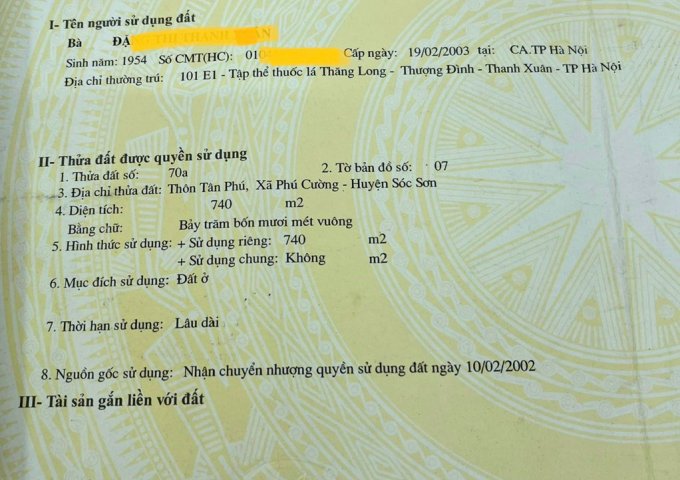 Chính chủ cần Bán hoặc cho thuê đất tại địa chỉ thôn Tân Phú, xã Phú Cường- huyện Sóc Sơn - Thành Phố Hà Nội