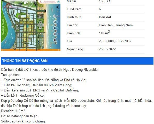 *** HOT HOT HOT *** CHÍNH CHỦ CẦN BÁN LÔ ĐẤT LK18-XXX THUỘC KHU ĐÔ THỊ NGỌC DƯƠNG RIVERSIDE