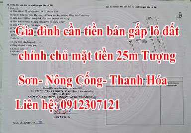 Gia đình cần tiền bán gấp lô đất chính chủ mặt tiền 25m Tượng Sơn- Nông Cống- Thanh Hóa