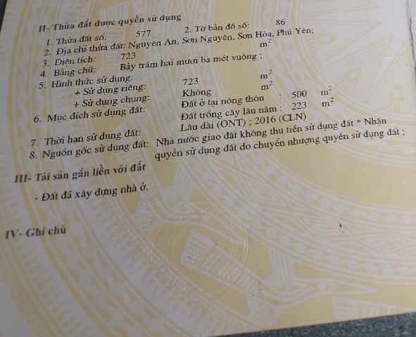 Chính chủ cần giao bán đất Sơn Nguyên Sơn Hoà Phú Yên