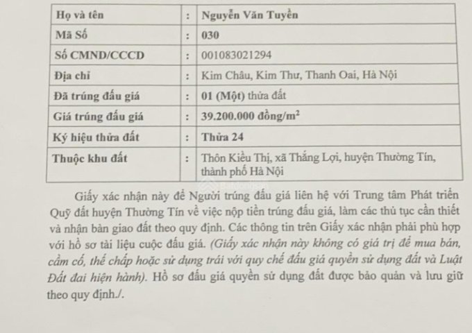 Bán đất Đấu giá thôn Kiều Thị, xã Thắng Lợi, huyện Thường Tín, Hà Nội