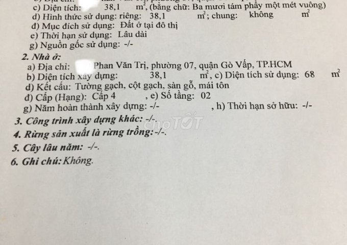 CẦN BÁN NHÀ MẶT TIỀN VỊ TRÍ SIÊU ĐẸP TẠI ĐƯỜNG PHAN VĂN TRỊ, PHƯỜNG 7, QUẬN GÒ VẤP, TP HỒ CHÍ MINH