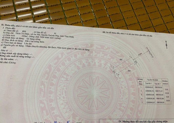 CHÍNH CHỦ BÁN 100M2 ĐẤT TẠI AN MỸ, QUỲNH PHỤ, THÁI BÌNH.