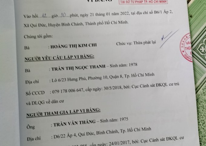 BÁN NHÀ SỐ B6/1, ẤP 2, QUY ĐỨC, BÌNH CHÁNH, HCM GIÁ 1,35 TỶ NHÀ VI BẰNG
