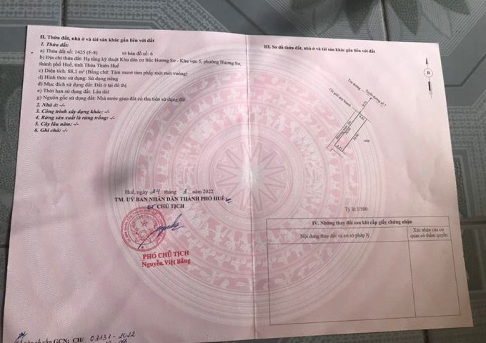 Chính chủ cần bán đất KV5 Hương Sơ, TP Huế, Tỉnh Thừa Thiên Huế