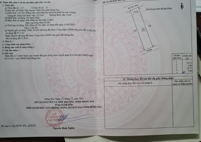 BÁN LÔ ĐẤT ĐẸP 123.3M2 TẠI XÃ THIỆN TÂN, HUYỆN VĨNH CỬU, TỈNH ĐỒNG NAI.