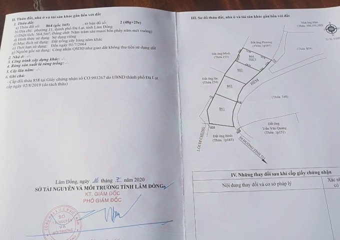 Cần bán lô đất 864 ở đường Huỳnh Tấn Phát, Phường 11, Đà Lạt, Lâm Đồng.