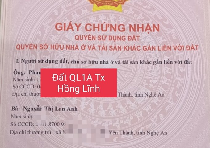cần bán lô đất QL 1A thị xã Hồng Lĩnh, Hà Tĩnh