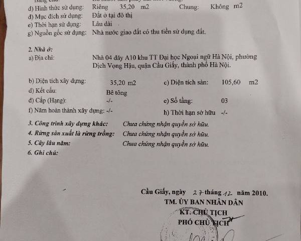Bán nhà tập thể đại học ngoại ngữ, ngõ 215 Trần Quốc Hoàn, Phường Dịch Vọng Hậu, Quận Cầu Giấy, Hà Nội