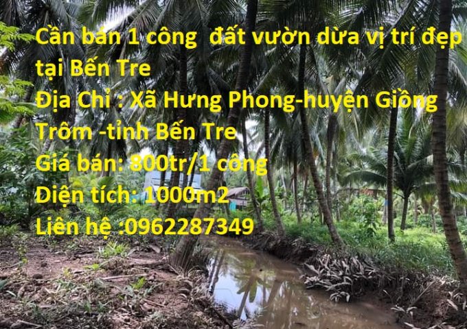 Cần bán 1 công đất vườn dừa vị trí đẹp tại Bến Tre