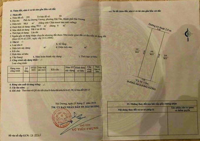 Bán đất mặt đường An Dương Vương, TP HD, 98m2, mt 5m, gần đường Thanh Niên, 4.6 tỷ
