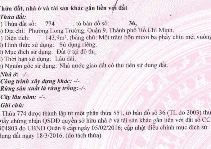 CHÍNH CHỦ CẦN BÁN ĐẤT NỀN Ở QUẬN 9 THÀNH PHỐ HỒ CHÍ MINH