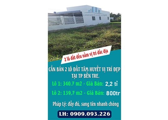 ⭐Chính chủ cần bán 2 lô đất tâm huyết vị trí đẹp tại TP.Bến Tre, giá từ 800tr; 0909093226