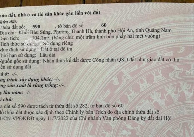 Chính chủ bán nhanh lô đất Phường Thanh Hà, thành phố Hội An, tỉnh Quảng Nam.