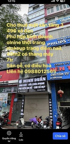 Cho thuê mặt sàn tầng 3 số 496 Xã Đàn, Đống Đa Hà Nội