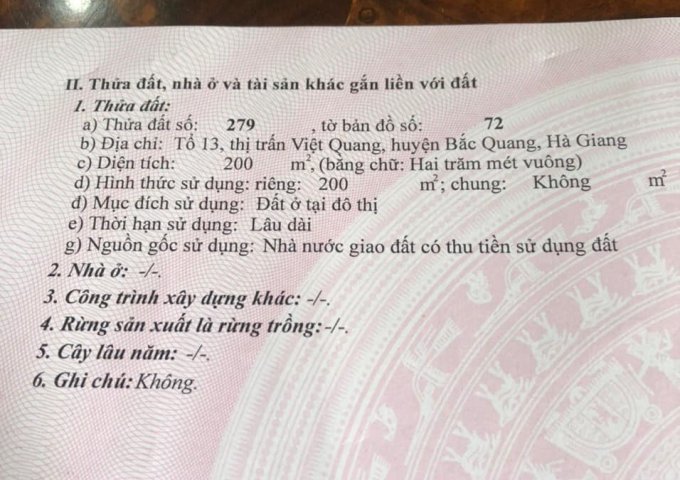 Chính chủ cần bán nhanh Lô Đất đường mới (đường D1) Thuộc Tổ 13 – Thị Trấn Việt Quang – Huyện Bắc Quang – Hà Giang