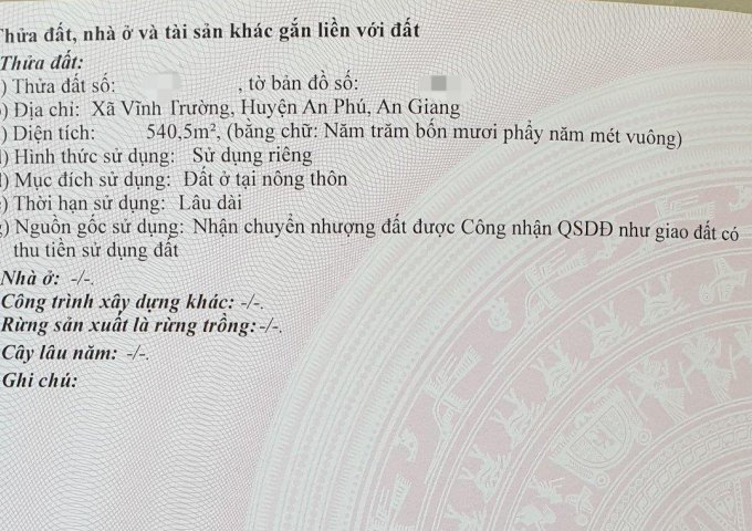 ĐẤT ĐẸP - MẶT TIỀN - Cần Bán Nhanh Tại Xã Vĩnh Trường, An Phú, An Giang.