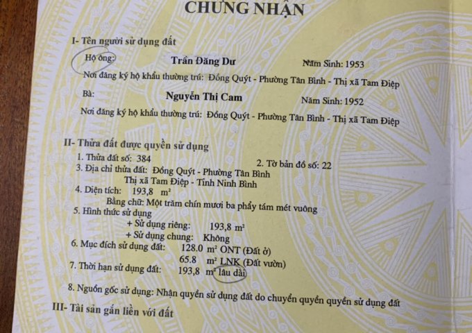 *CHÍNH CHỦ CẦN BÁN 2 LÔ ĐẤT LIỀN KỀ NHAU PHƯỜNG TÂN BÌNH - TX. TAM ĐIỆP - TỈNH NINH BÌNH**