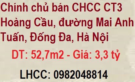 ✔️Chính chủ bán CHCC CT3 Hoàng Cầu, đường Mai Anh Tuấn, Đống Đa; 3,3 tỷ; 0982048814